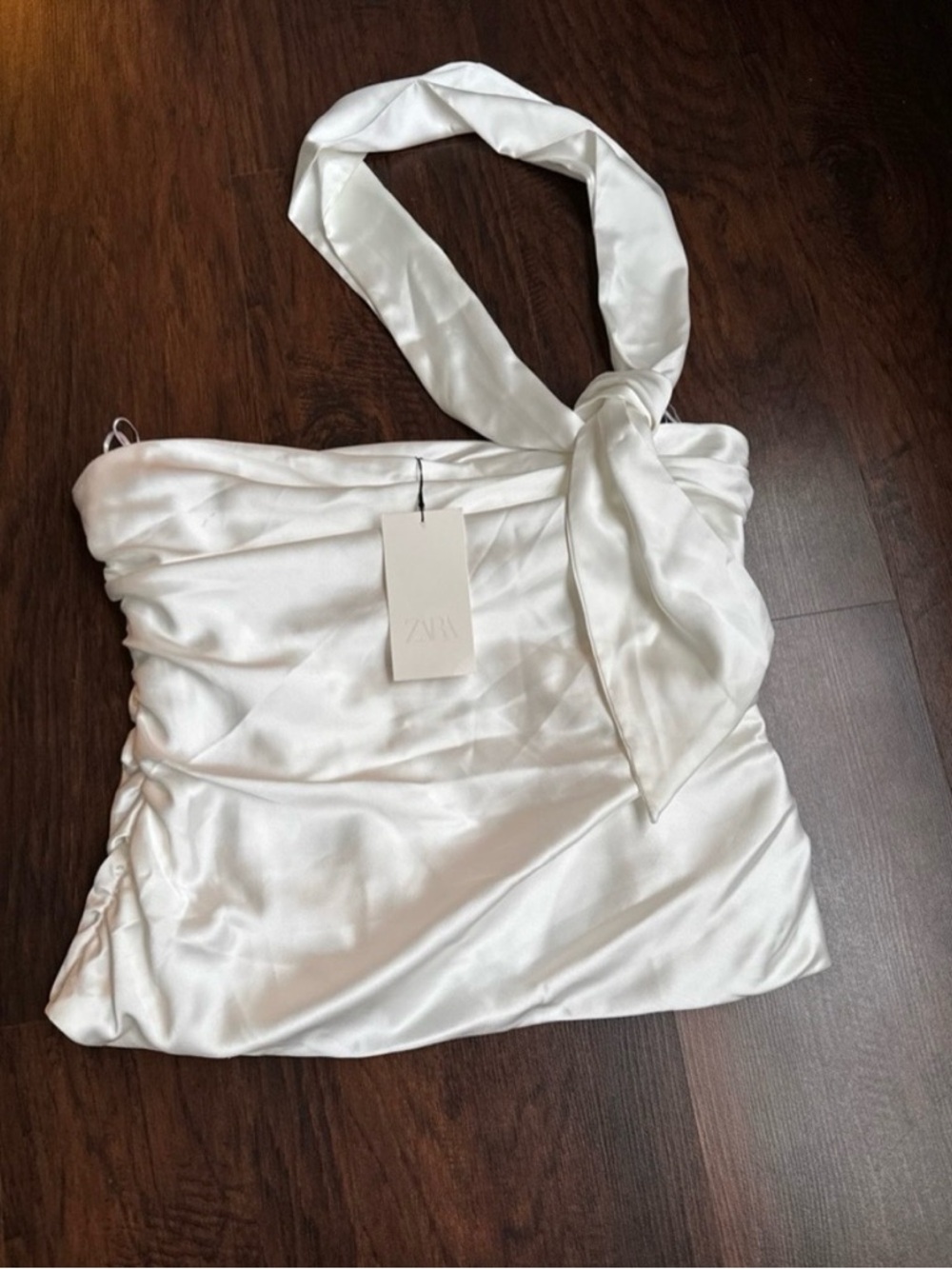 Zara Satin One-Shoulder Tie Detail Top - White